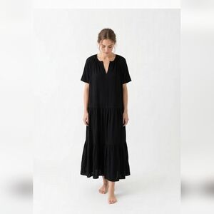 Raviya Black Maxi Dress Tiered Crinkled Shift Minimalist Cottage Beach 1X NWT